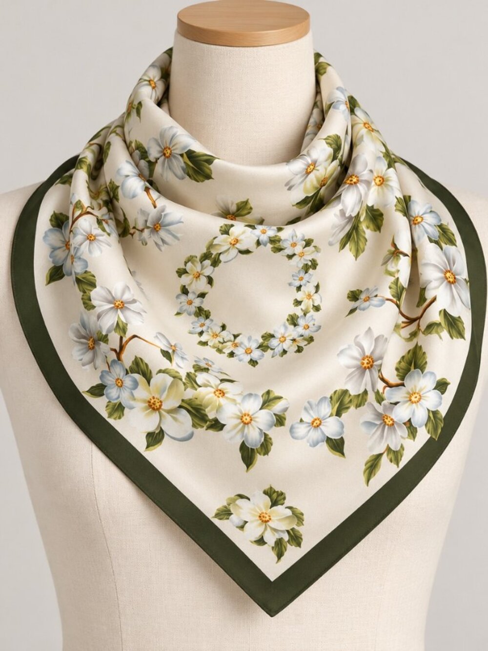 Elegant Floral Square Scarf – Ivory Blue Flowers Olive Green Border
